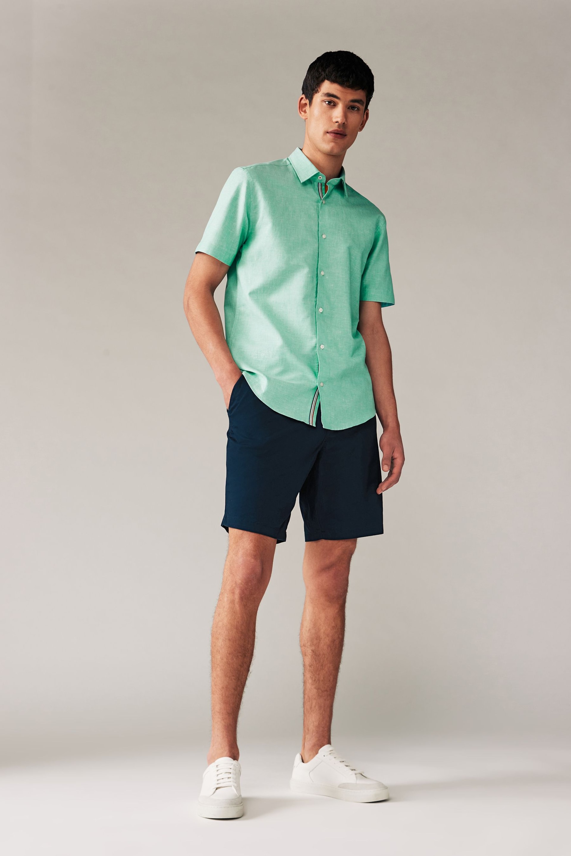 Mint Green Regular Fit Trimmed Linen Blend Short Sleeve Shirt - Image 2 of 8