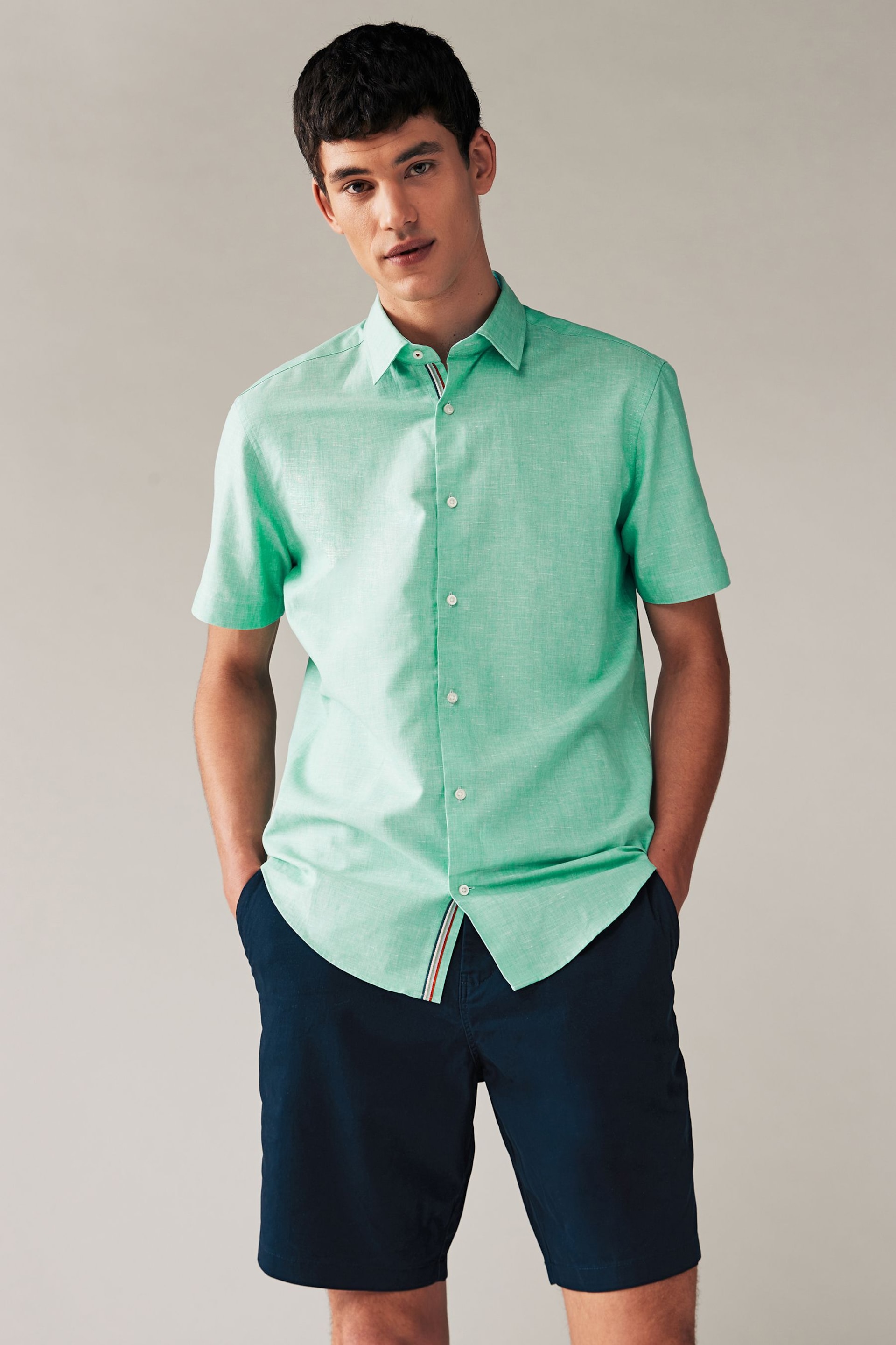 Mint Green Regular Fit Trimmed Linen Blend Short Sleeve Shirt - Image 3 of 8