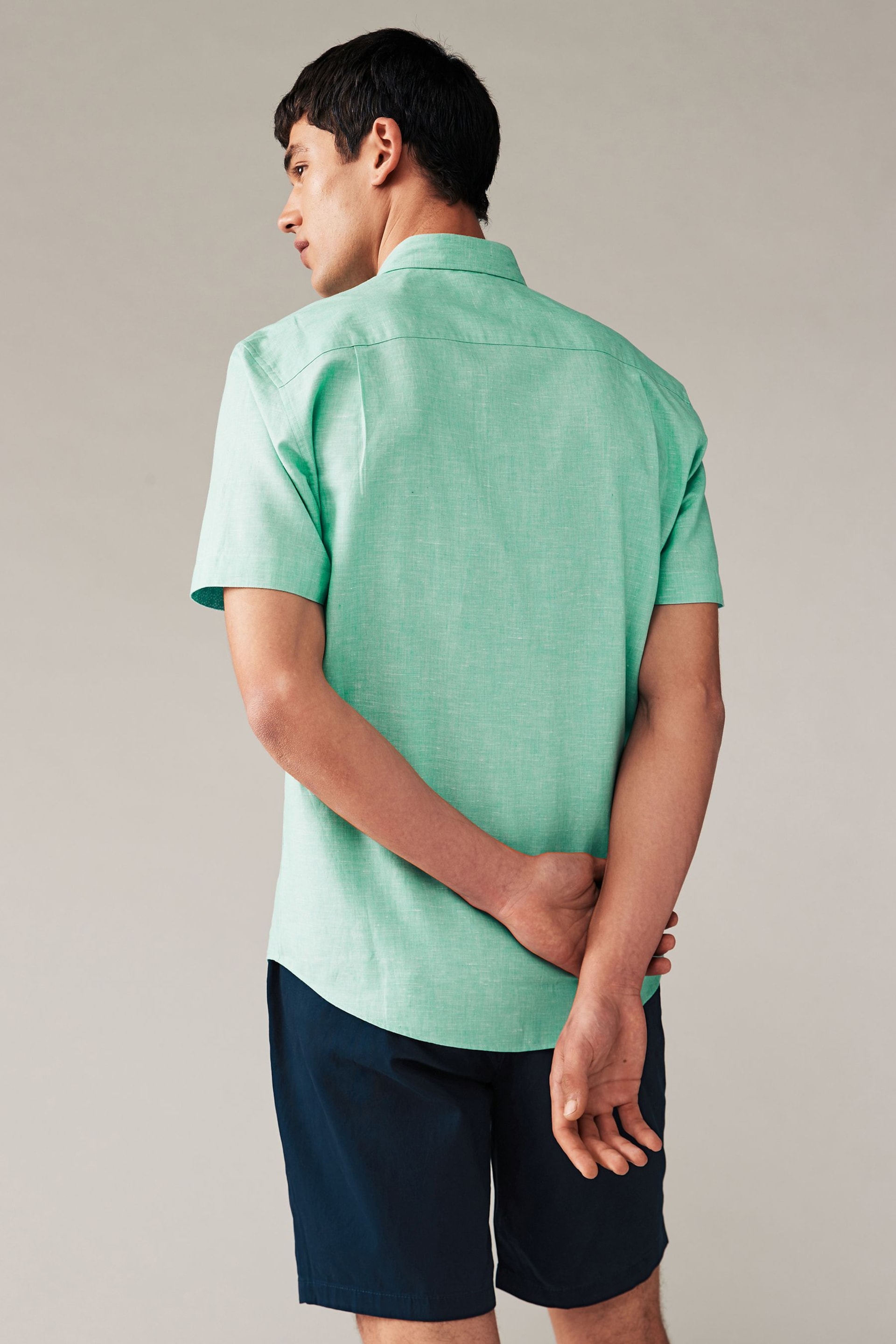 Mint Green Regular Fit Trimmed Linen Blend Short Sleeve Shirt - Image 4 of 8