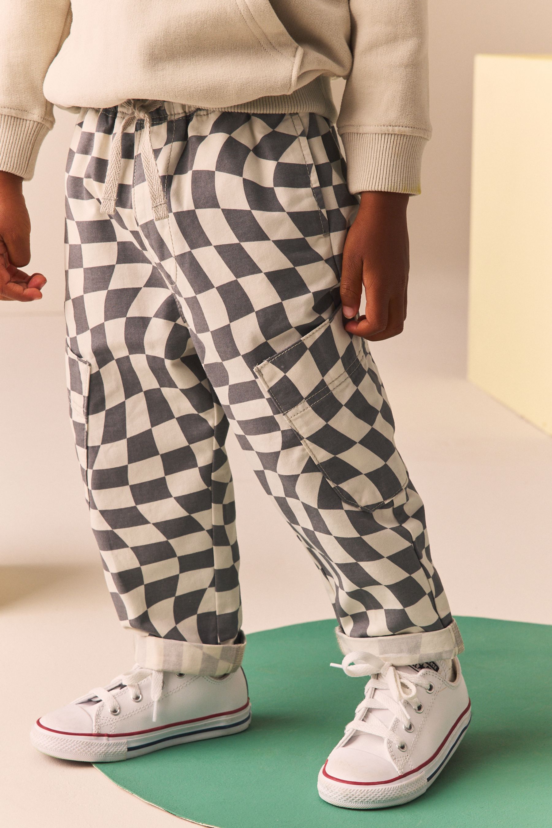 Grey White Checkerboard 100 Cotton Side Pocket Pull On Trousers 3mths 7yrs