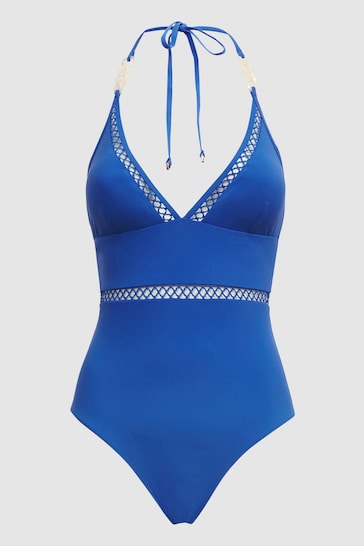 Reiss Cobalt Blue Ray Colourblock Halter Swimsuit