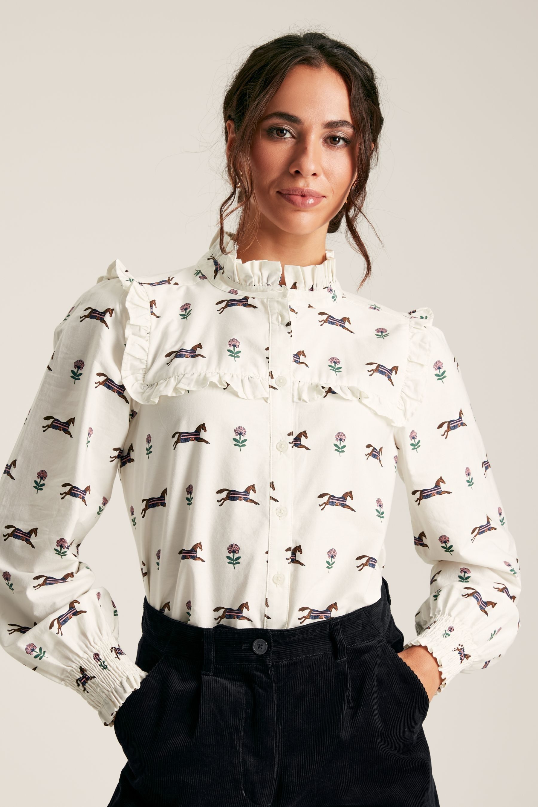 Buy Joules Henrietta Cream Horse Print Frill Blouse from Next Ireland