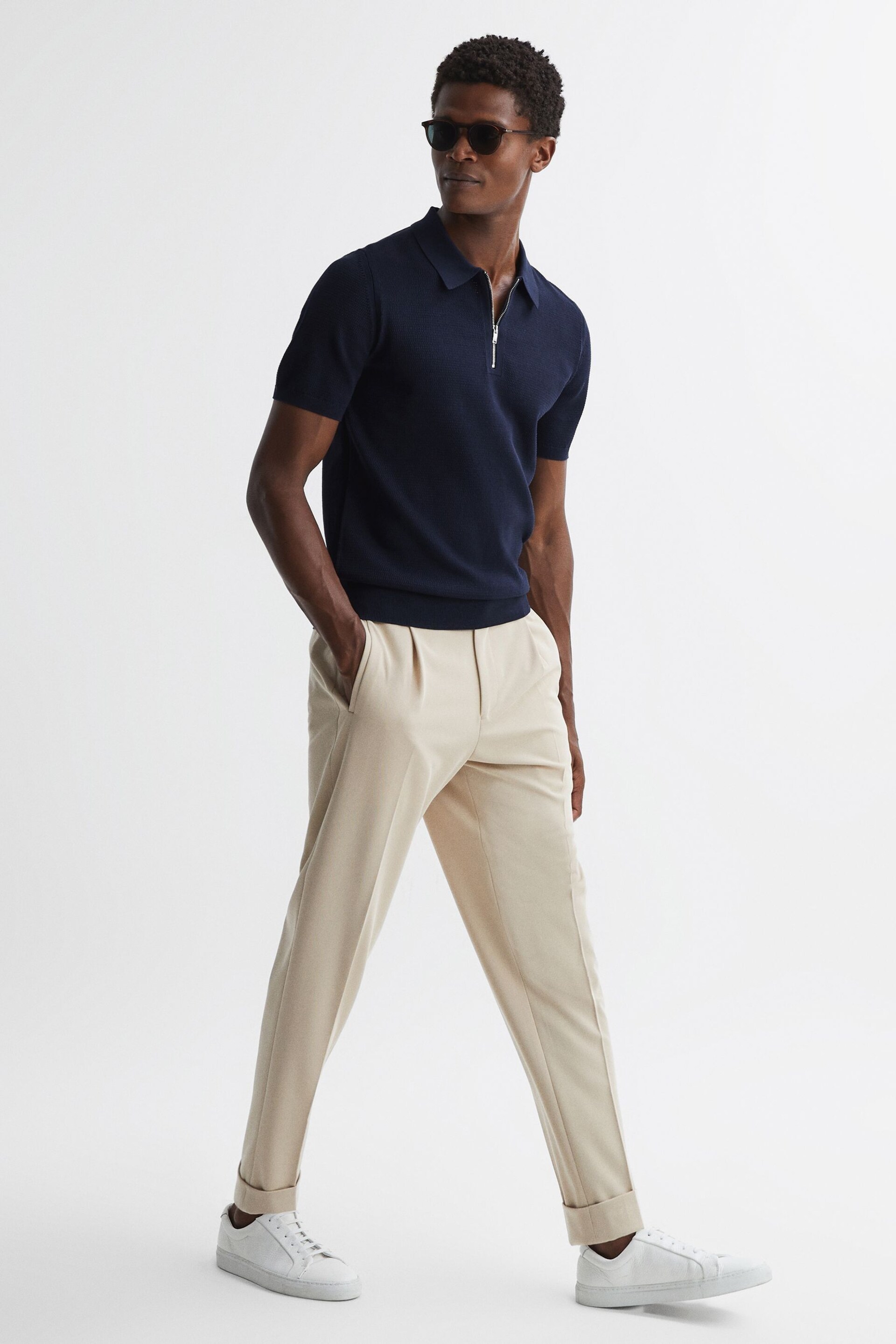 Reiss Navy Fizz Knitted Half-Zip Polo T-Shirt - Image 3 of 5