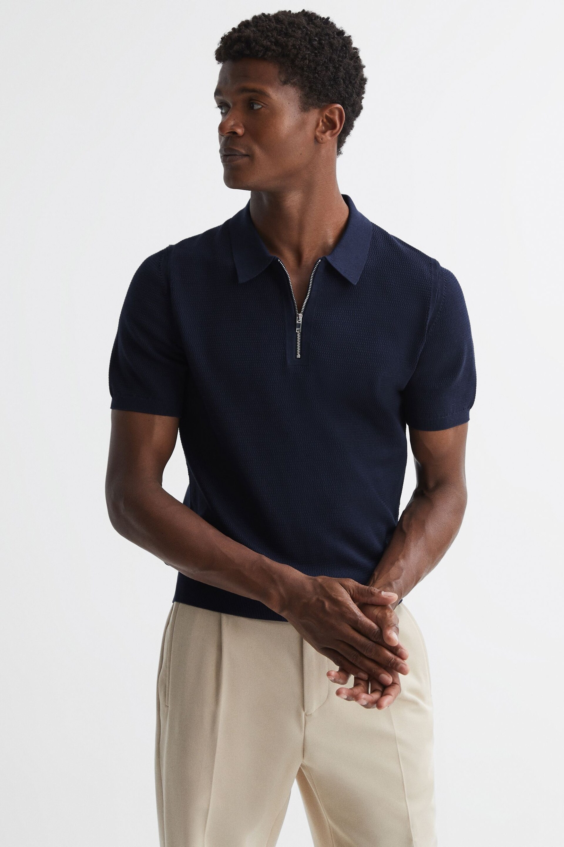 Reiss Navy Fizz Knitted Half-Zip Polo T-Shirt - Image 4 of 5