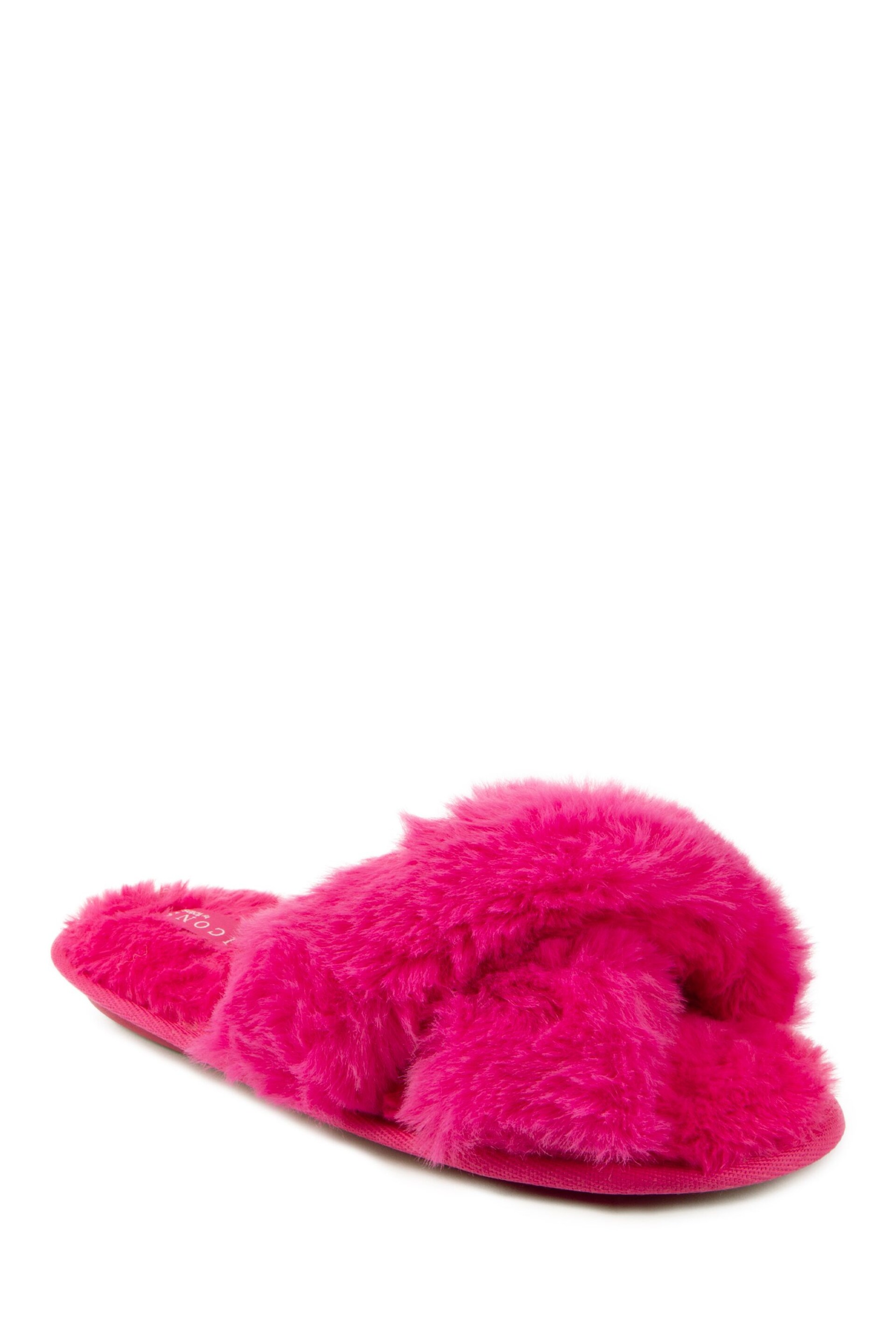 Totes Pink Plush Faux Fur Cross Over Slider Slippers - Image 3 of 5