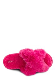 Totes Pink Plush Faux Fur Cross Over Slider Slippers - Image 4 of 5