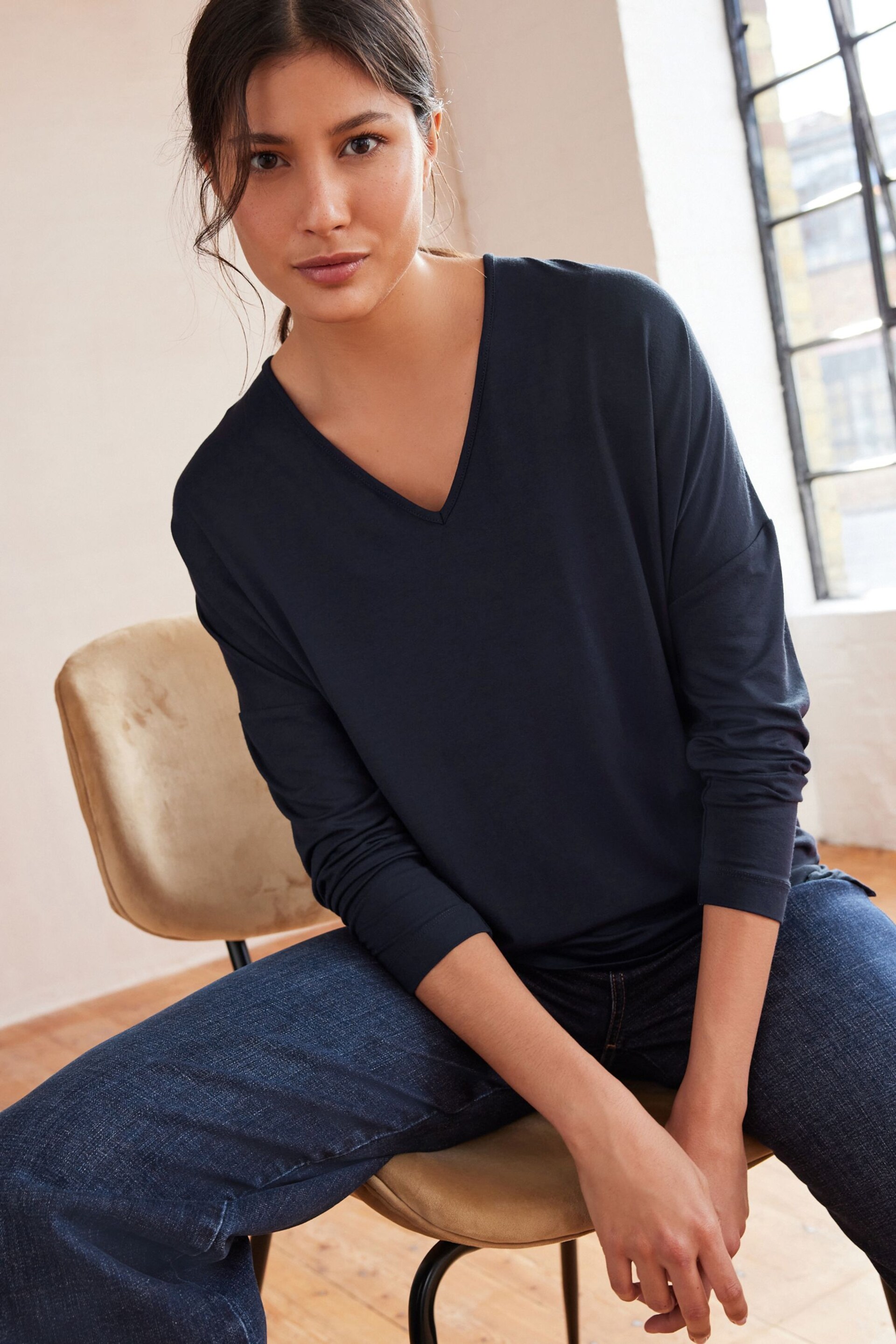 Navy Blue Long Sleeve Tunic Top - Image 1 of 7