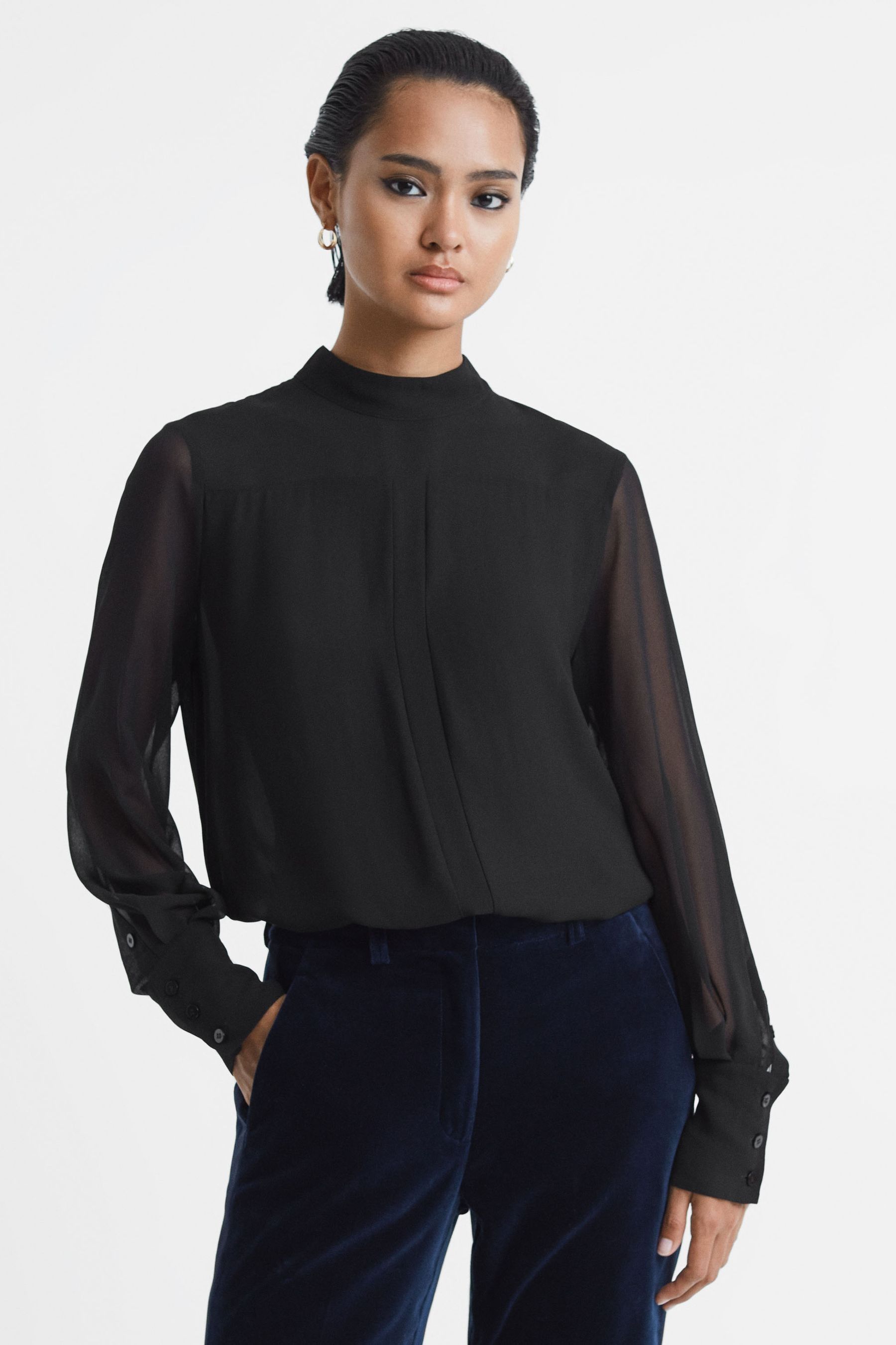 Buy Reiss Black Riley Sheer High Neck Blouse from the Next UK online shop