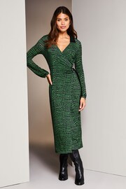 Lipsy Green Petite Jersey Wrap V Neck Ruched Hardware Midi Shirt Dress - Image 3 of 4