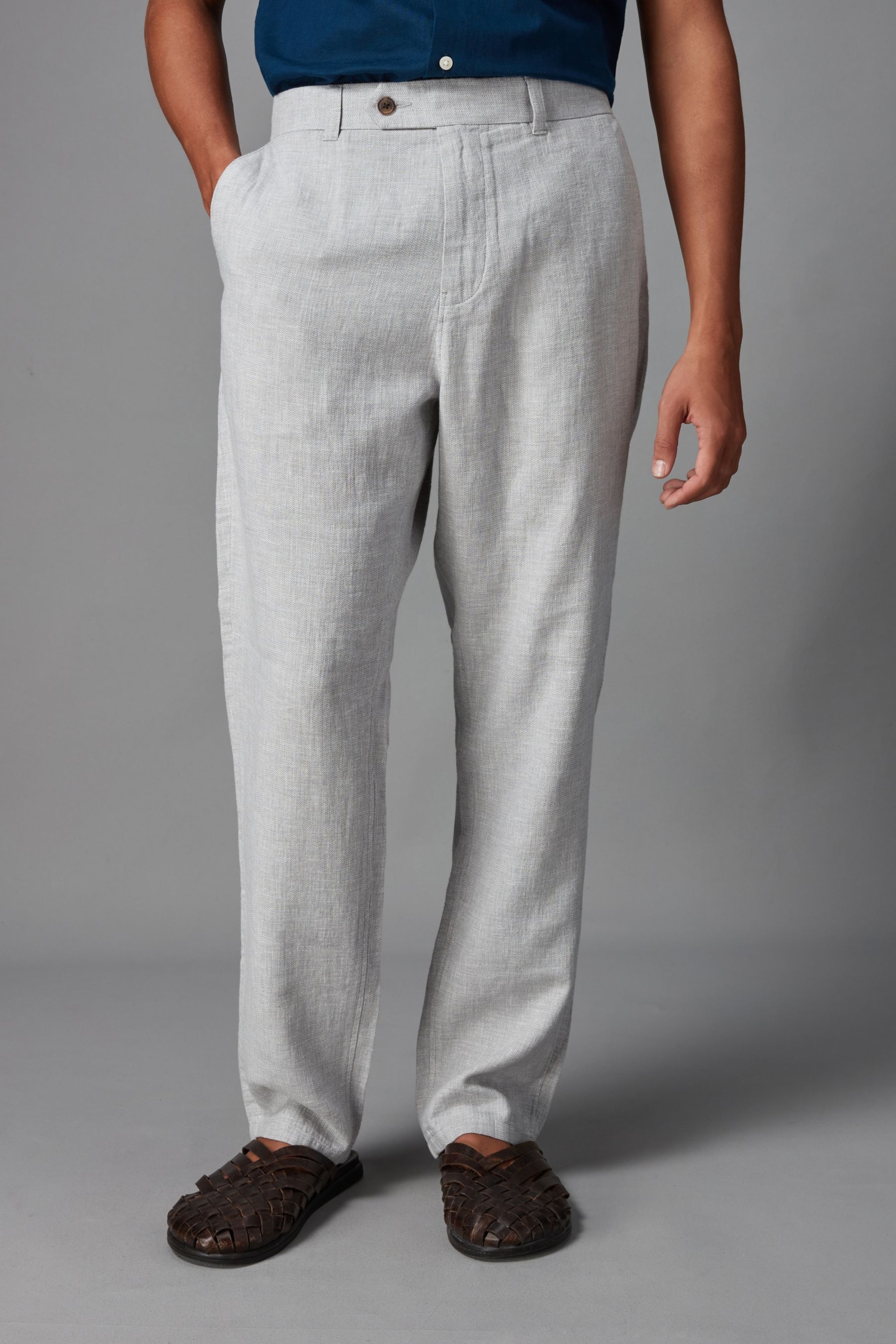 Light Grey Textured Linen Blend Trousers - Image 1 of 5