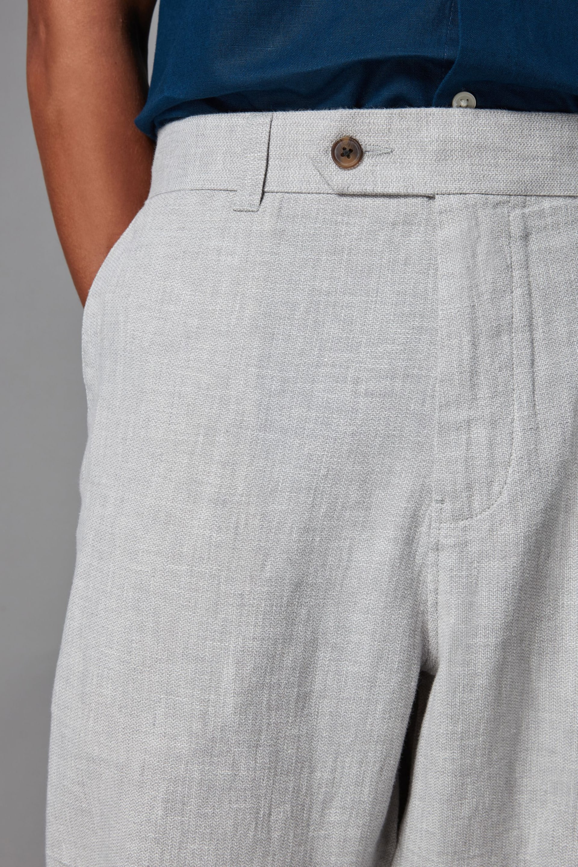 Light Grey Textured Linen Blend Trousers - Image 4 of 5