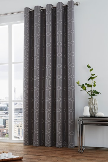 Curtina Grey Camberwell Geo Lined Eyelet Curtains