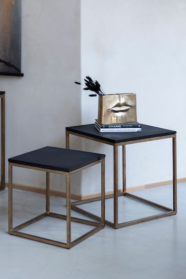 Libra Interiors Gold Kirkstone Set of 2 Side Tables with Galaxy Slate Top