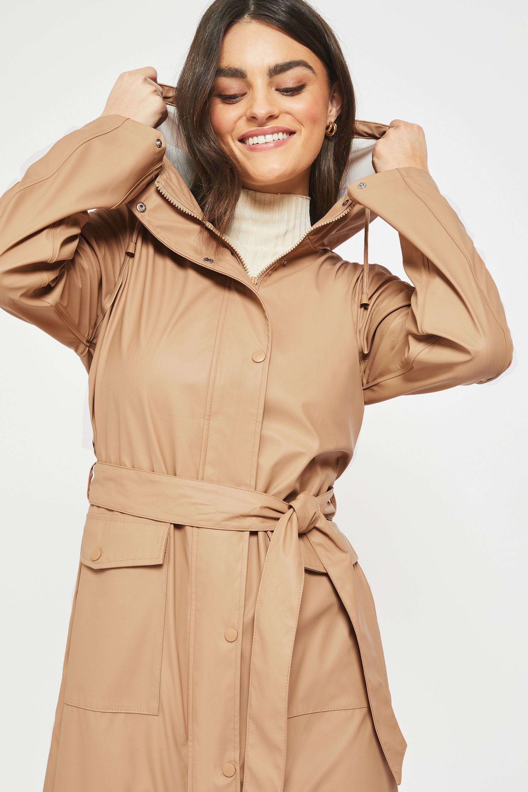 NOISY MAY Brown Waterproof Hooded Rain Trench Coat