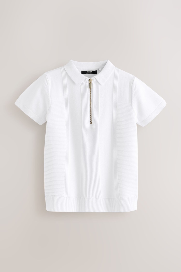 White 100% Cotton Short Sleeve Zip Texture Polo Shirt (3-16yrs) - Image 1 of 3