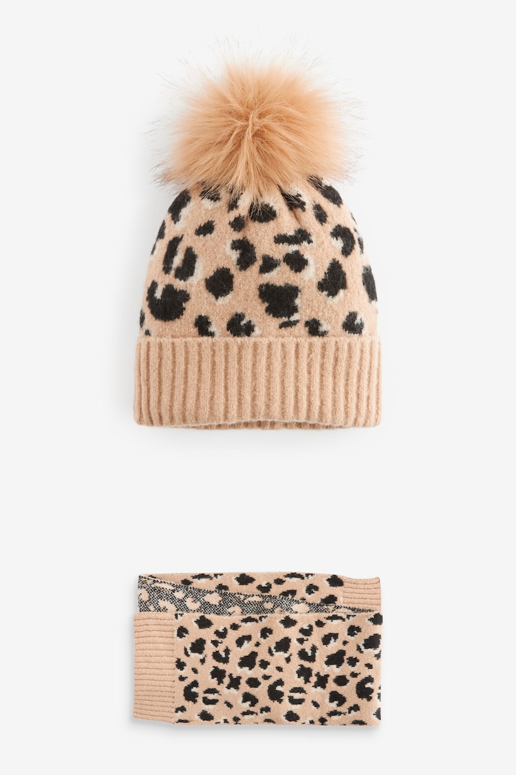 Chocolate Brown Animal Print Hat and Scarf Set (3-16yrs) - Image 1 of 4