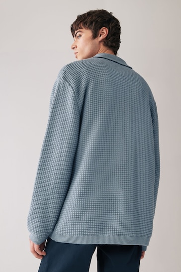 Blue Textured Knitted Relaxed Shacket