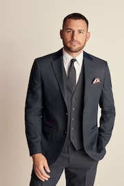Navy Blue Trimmed Textured Suit Jacket - Image 2 of 12