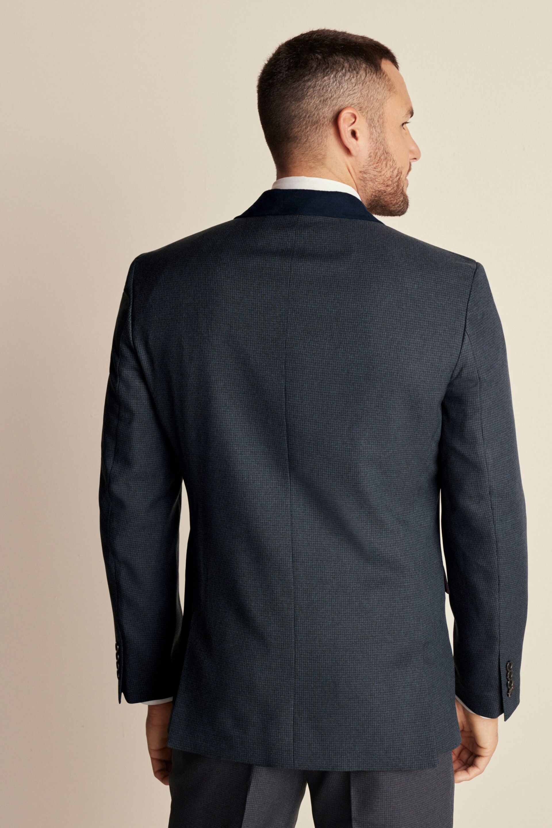Navy Blue Trimmed Textured Suit Jacket - Image 4 of 12