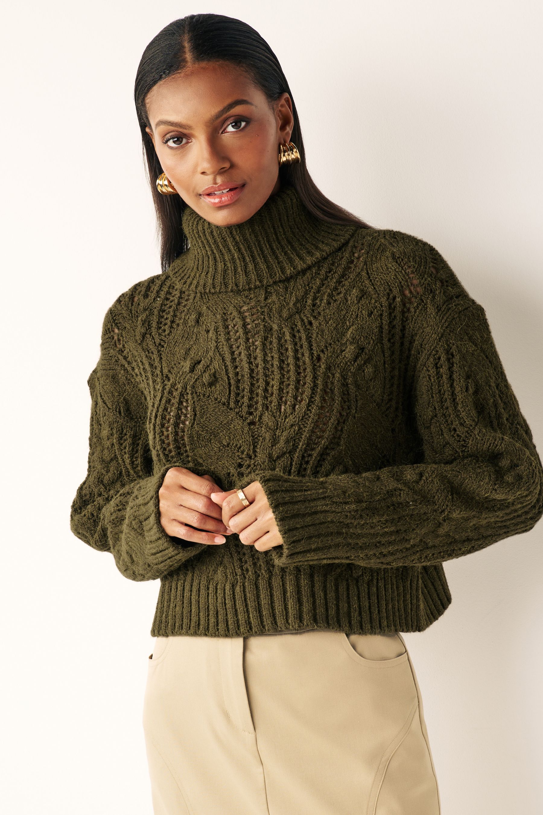 Buy Khaki Green Crochet Open Stitch Roll Neck Jumper from Next Luxembourg