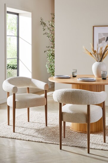 Set of 2 Casual Boucle Oyster Aire Light Wood Leg Dining Chairs