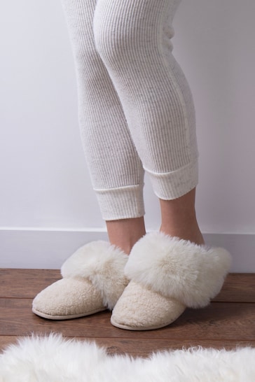 Totes Natural Ladies Textured Faux Fur Mule Slippers