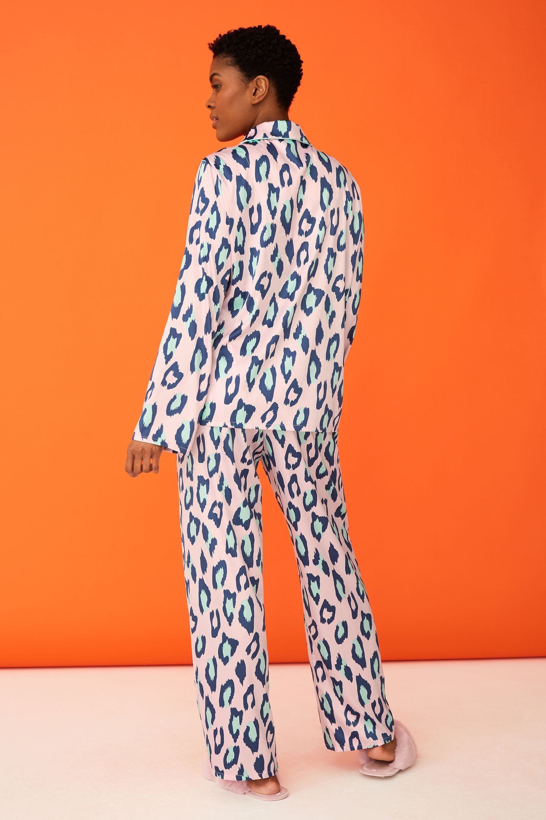 Buy F F Dear Sunday Teal Blue Leopard Satin Button Through Pyajamas Set from the Next UK online shop