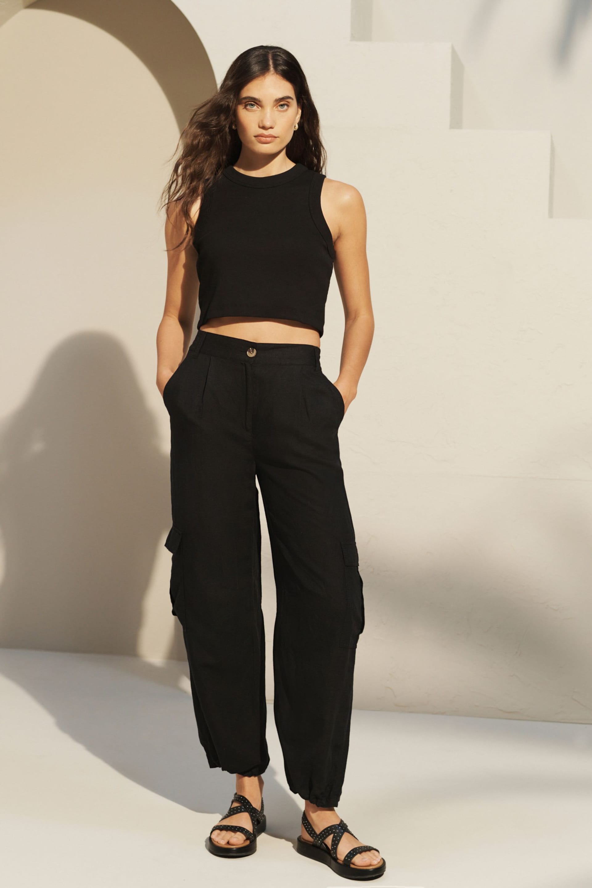Black Linen Blend Cargo Trousers - Image 2 of 7