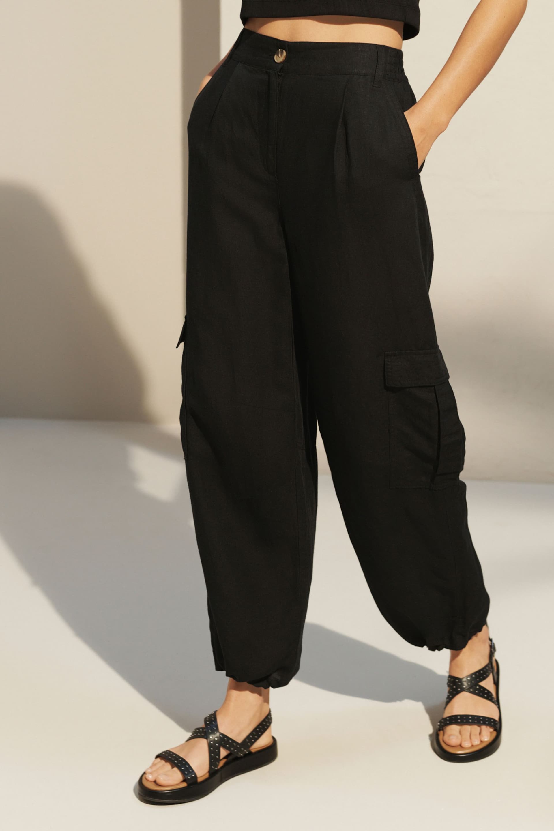 Black Linen Blend Cargo Trousers - Image 3 of 7