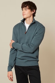 Blue Zip Neck Knitted Premium Regular Fit Jumper - Image 3 of 9