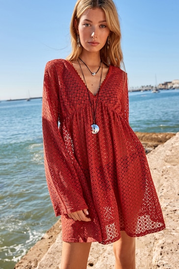Red Crochet Lace Beach Cover-Up Kaftan
