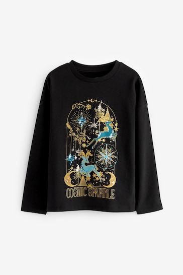 Black/Gold Cosmic Reindeer Sequin Christmas Long Sleeve T-Shirt (3-16yrs)