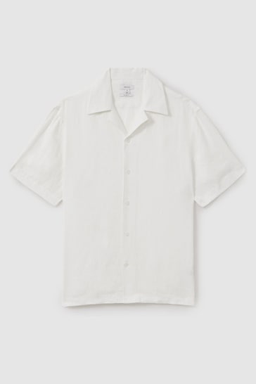 Reiss White Beldi Relaxed Linen Cuban Collar Shirt