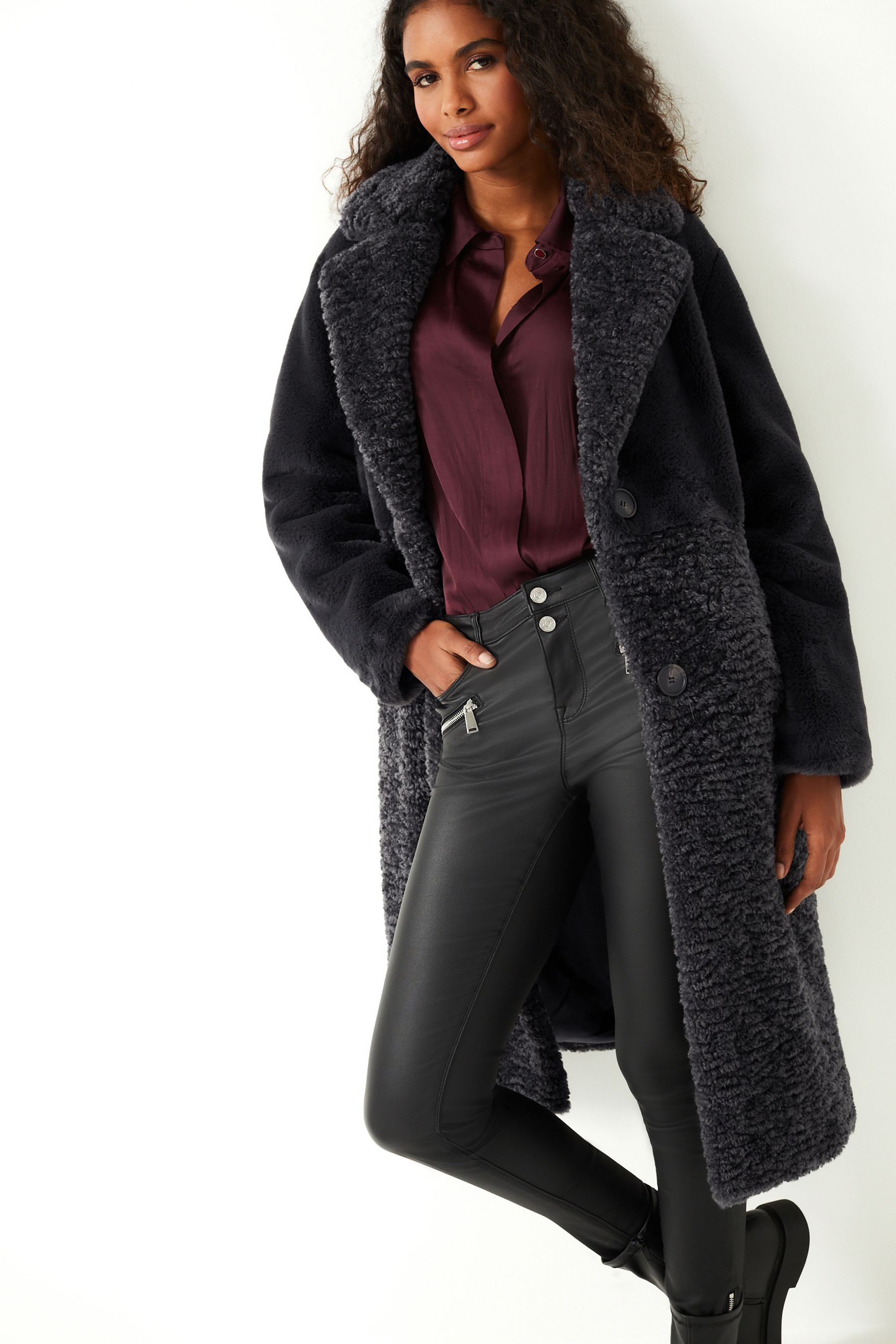 Buy Charcoal Grey Longline Faux Fur Coat from Next Luxembourg