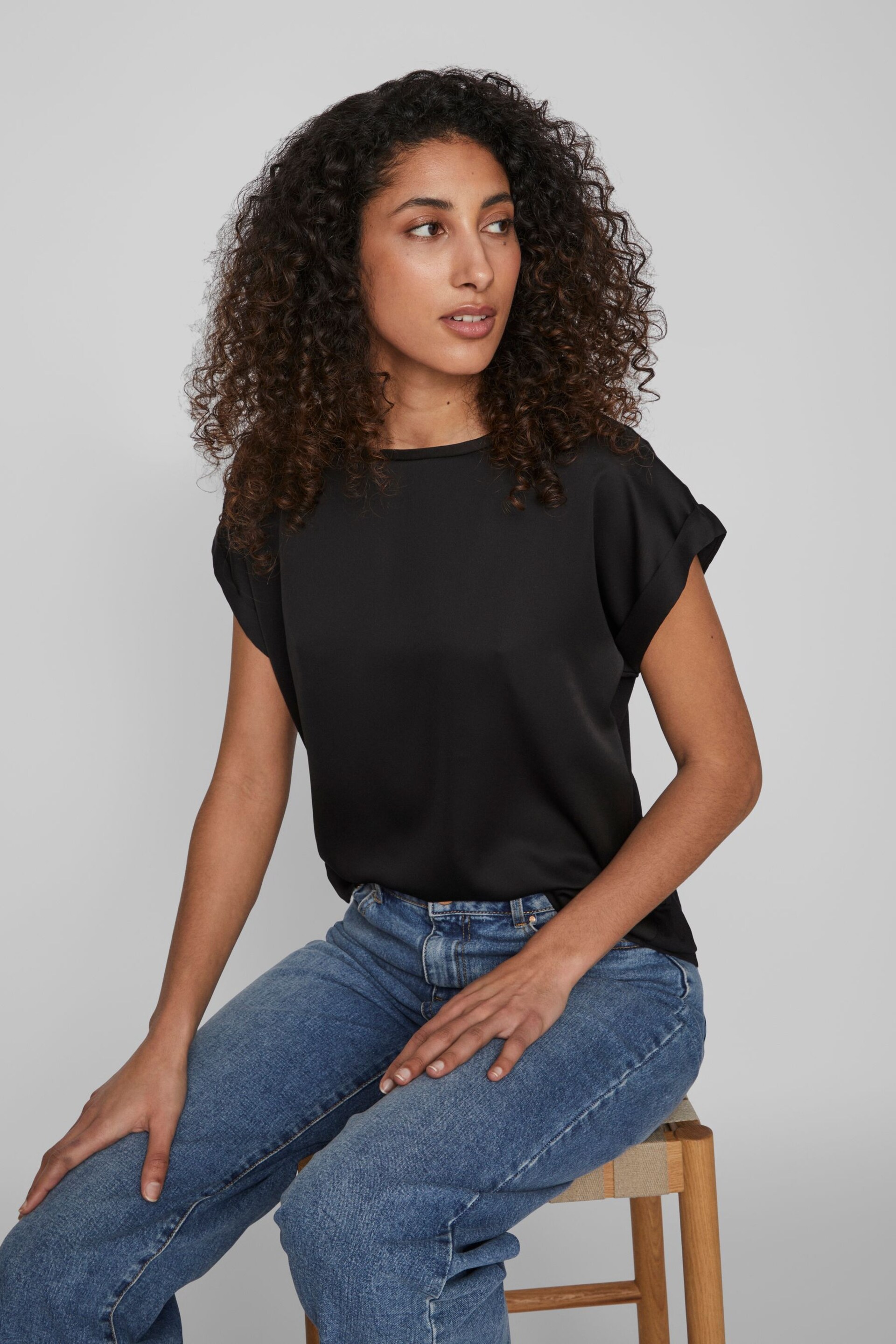 VILA Black Short Sleeve Satin and Jersey Top - Image 1 of 6