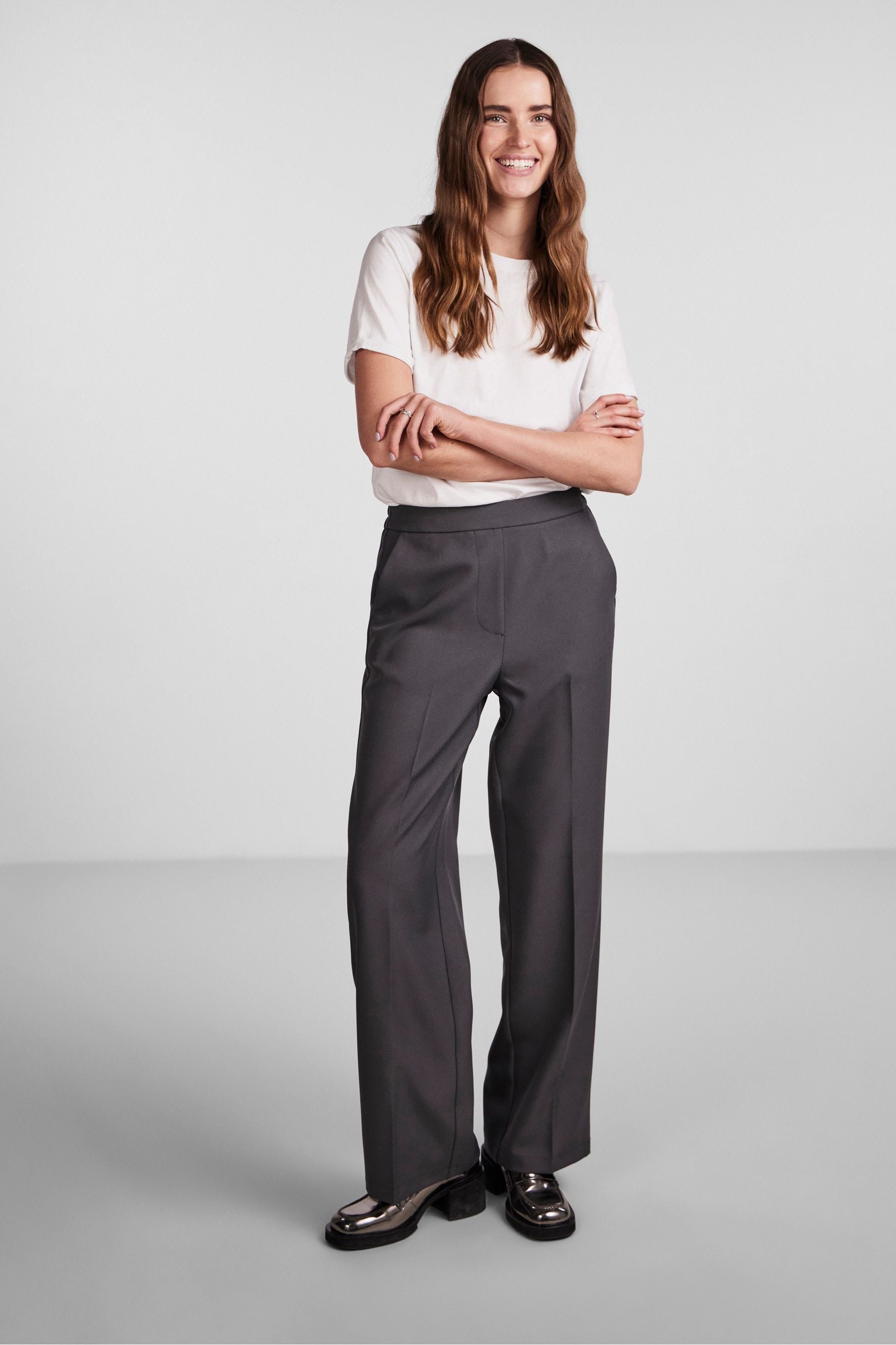 Grey high waisted wide leg trousers discount