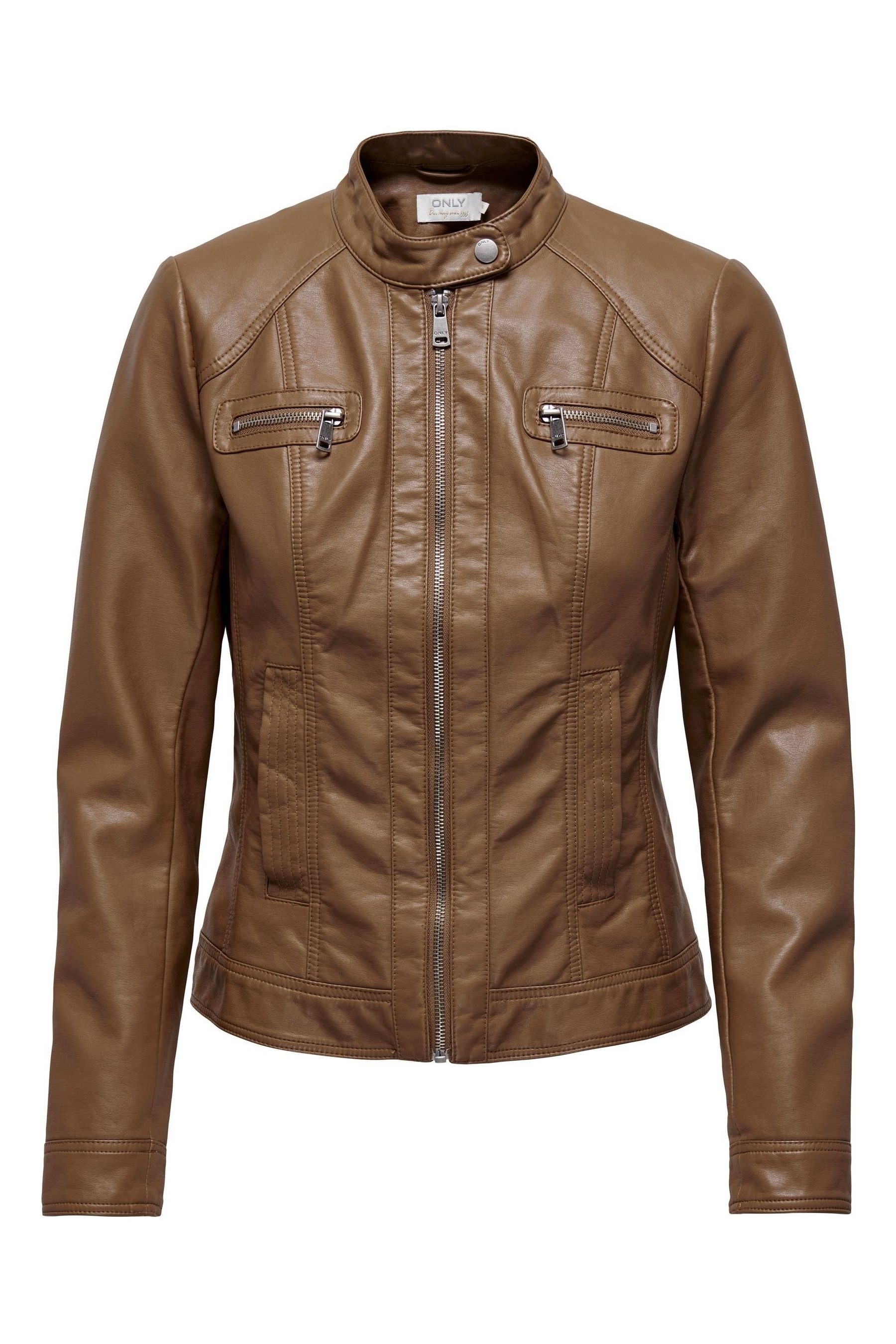 Buy ONLY Brown Collarless Faux Leather Biker Jacket from the Next