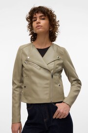 VERO MODA Green Collarless Faux Leather Jacket - Image 1 of 7