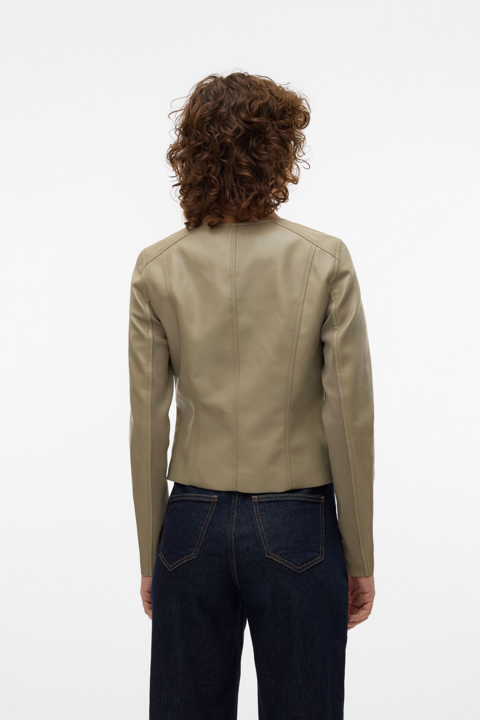 VERO MODA Green Collarless Faux Leather Jacket - Image 2 of 7