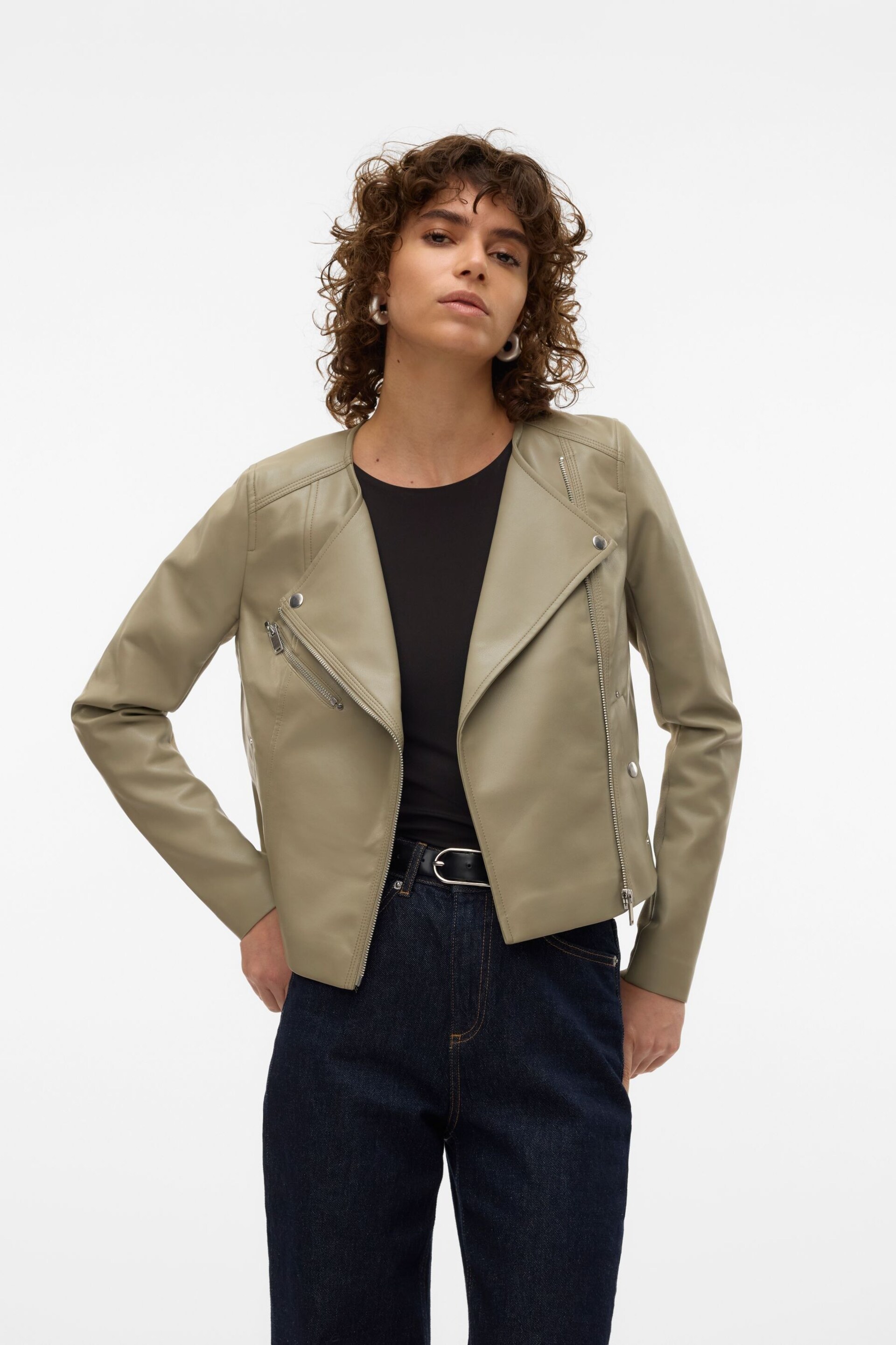 VERO MODA Green Collarless Faux Leather Jacket - Image 4 of 7