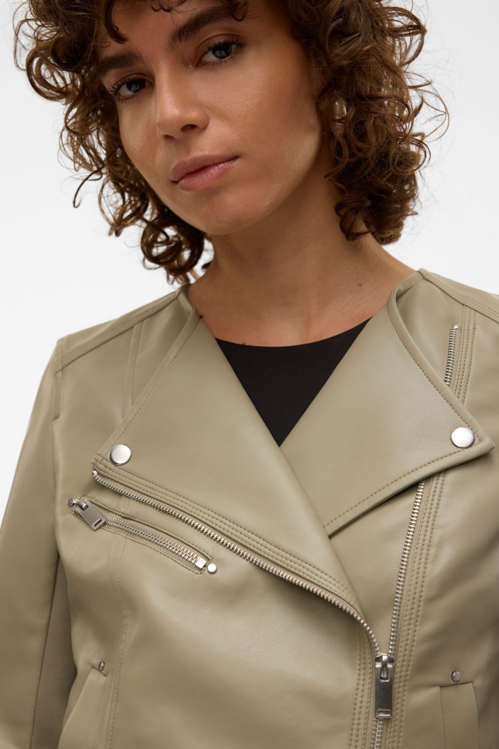 VERO MODA Green Collarless Faux Leather Jacket - Image 5 of 7