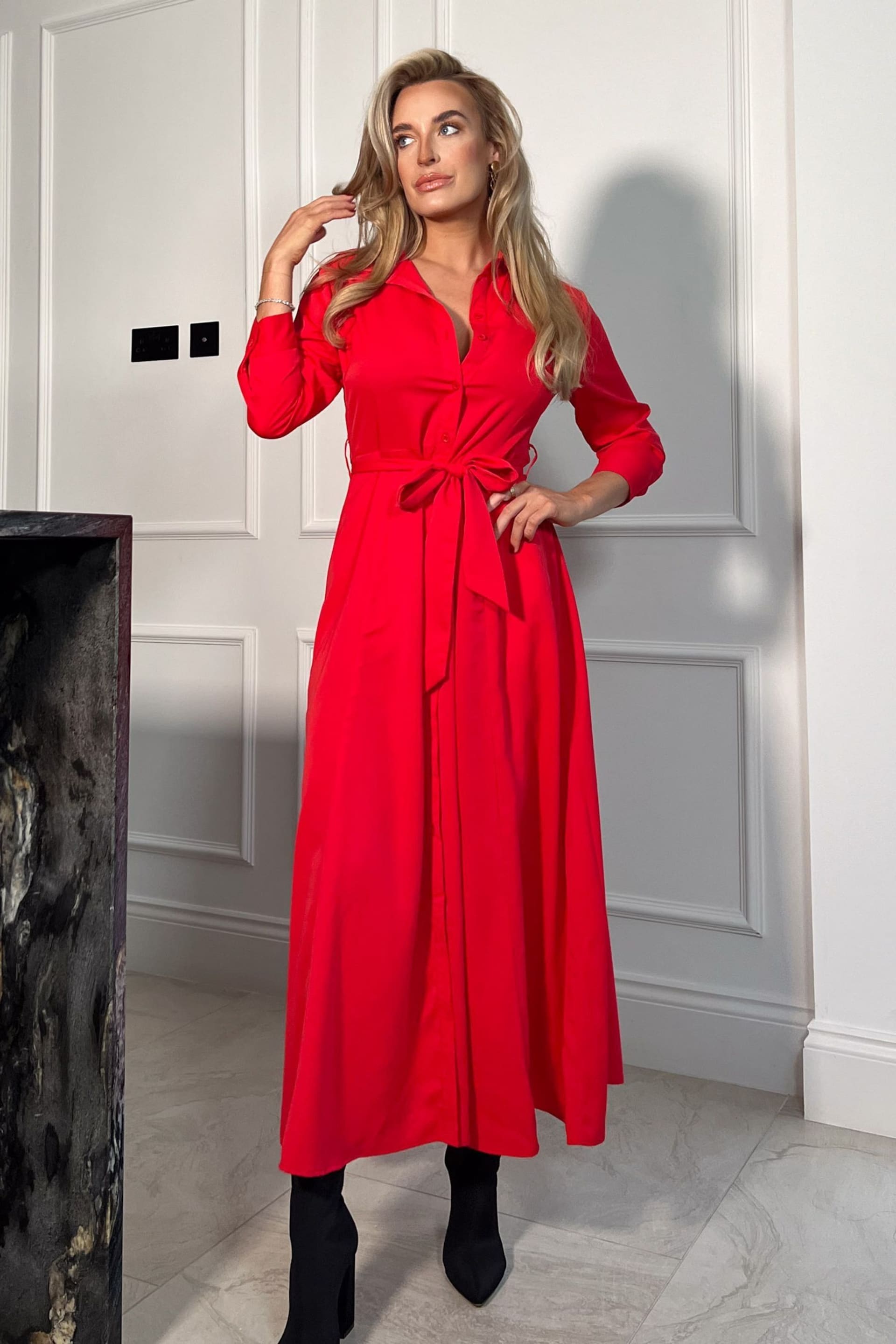 Girl In Mind Red Brielle Shirt Maxi Dress - Image 1 of 4