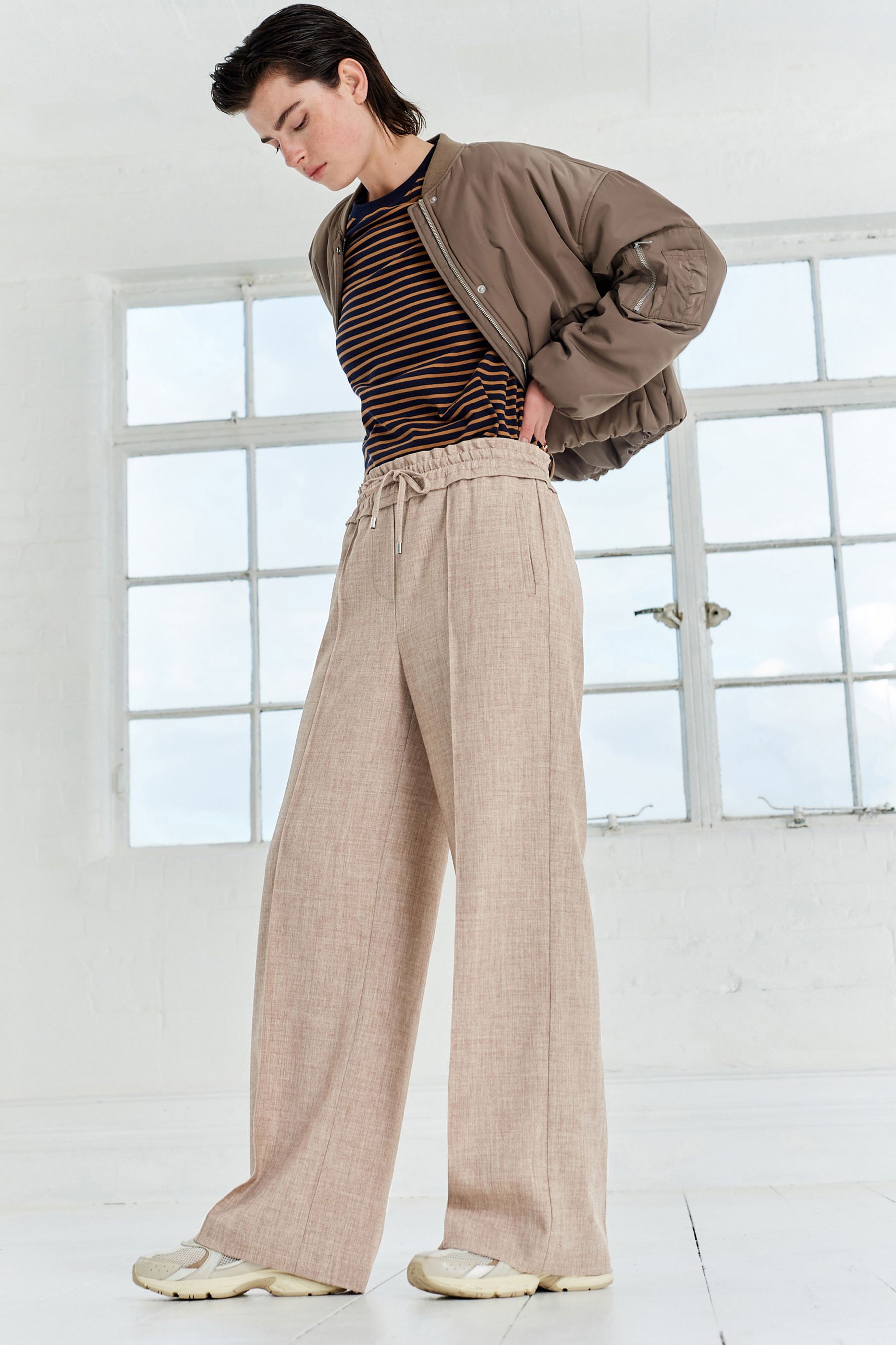 Beige straight leg trousers cheap