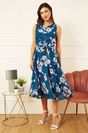 Yumi Blue Watercolour Floral Midi Skater Dress - Image 3 of 5