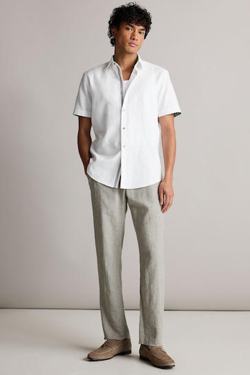 White Regular Fit Trimmed Linen Blend Short Sleeve Shirt