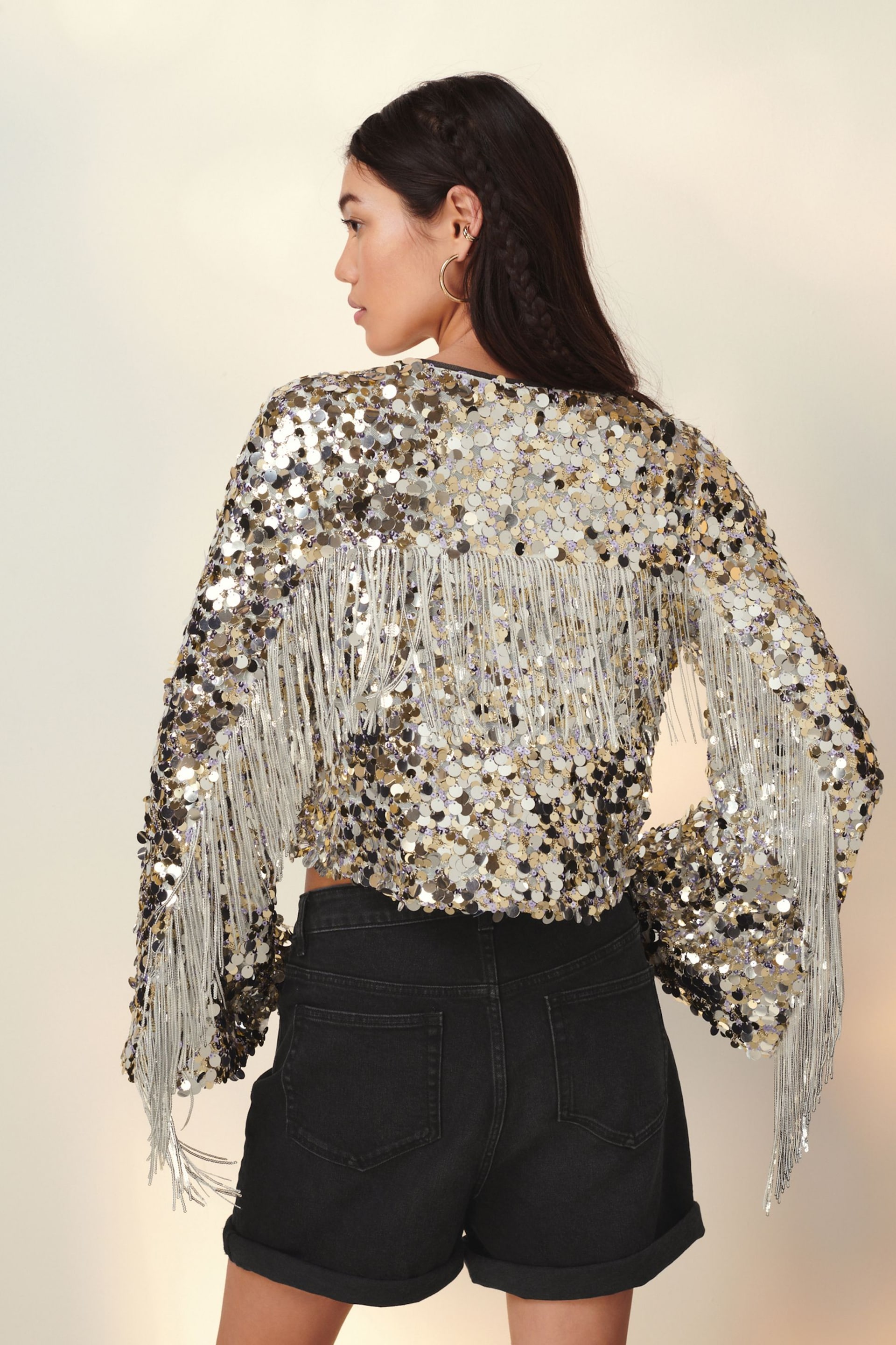 Silver Sequin Fringe Kimono Jacket - Image 1 of 6