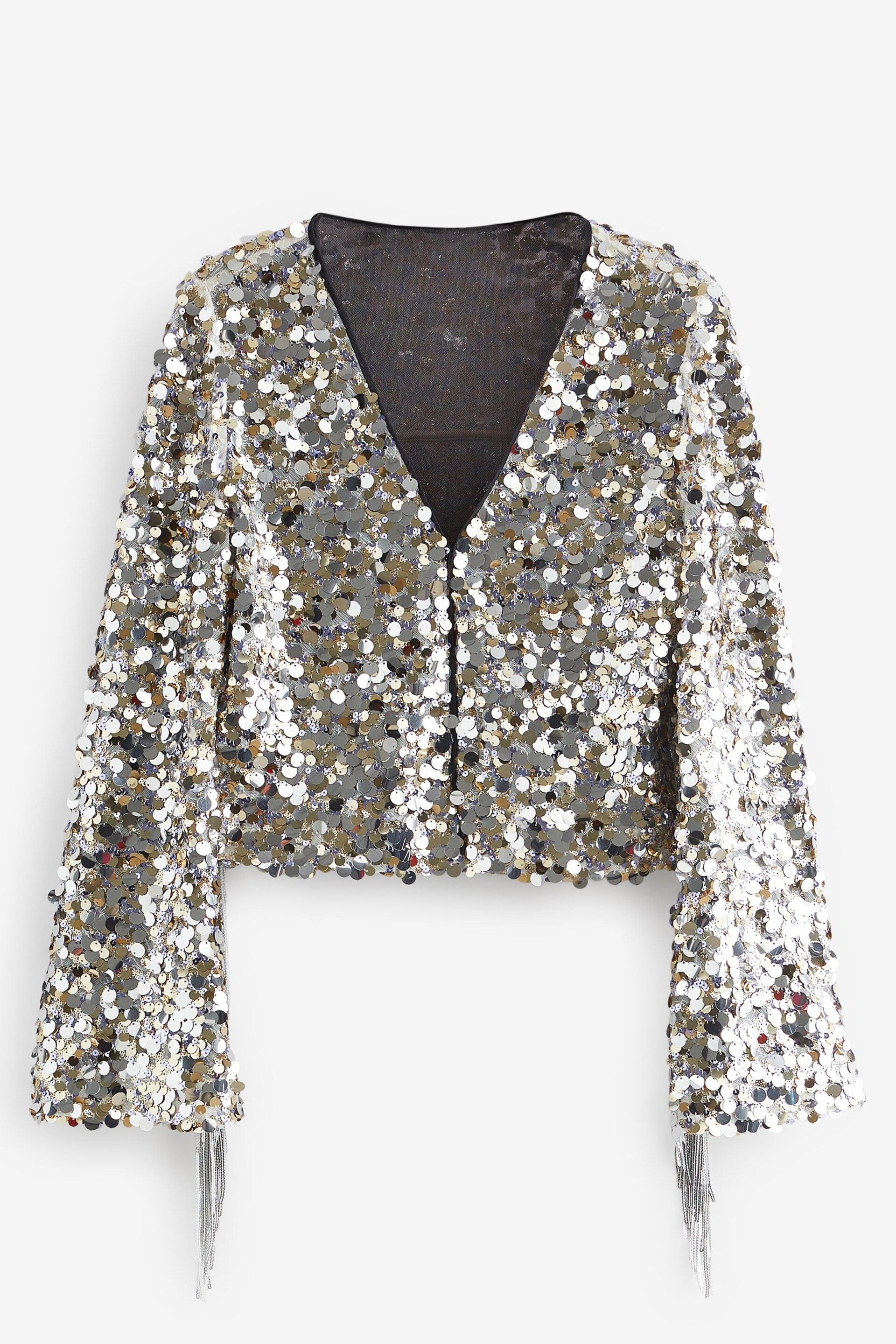 Silver Sequin Fringe Kimono Jacket - Image 5 of 6