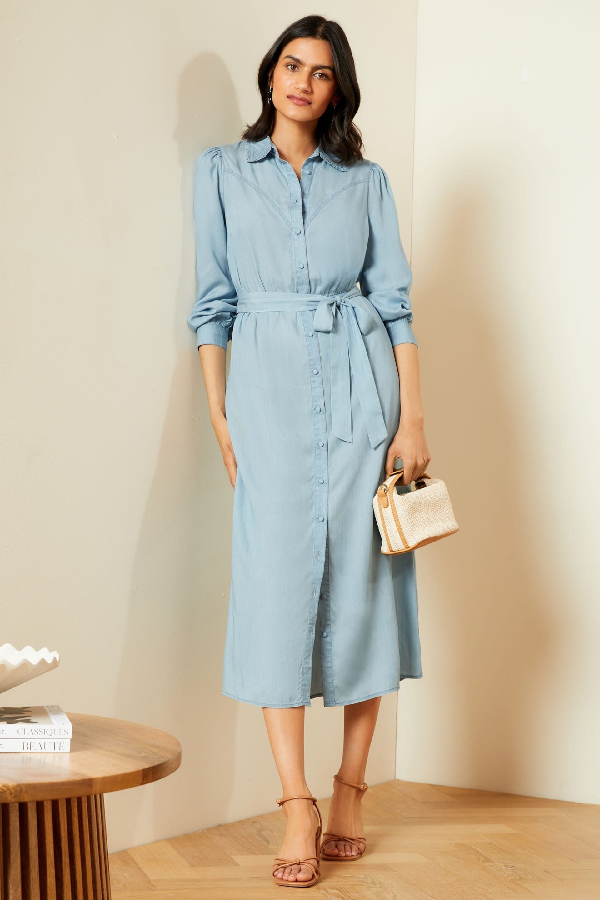 Love & Roses Light Blue TENCEL™ Long Sleeve Midi Shirt Dress - Image 4 of 4
