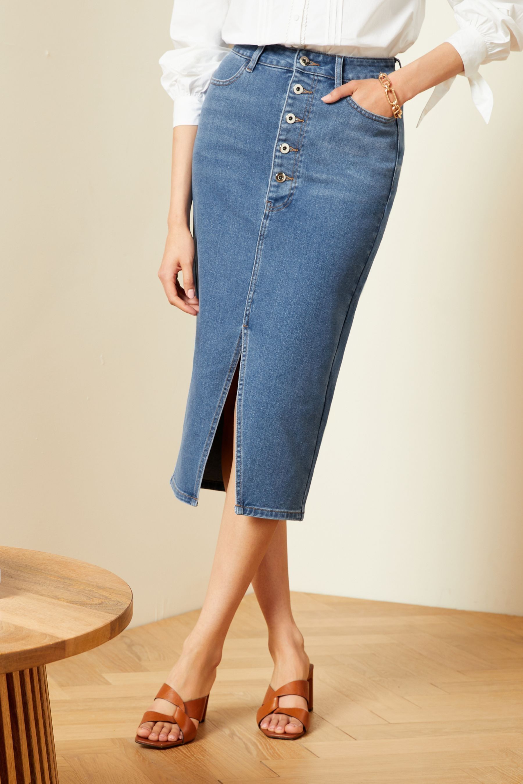 Buy Love Roses Mid Blue Denim Button Split Front Maxi Skirt from Next Luxembourg