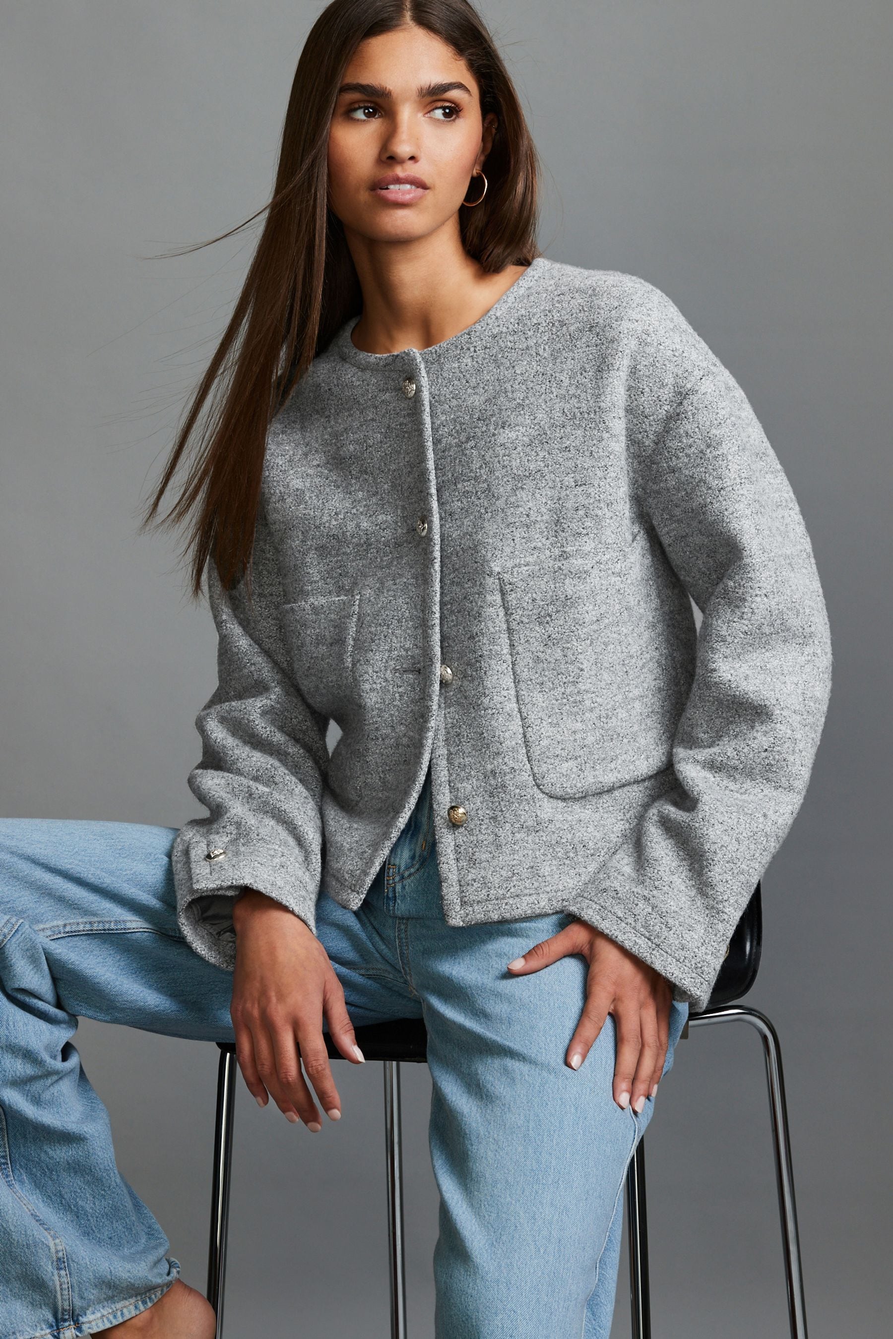 Grey boucle jacket top